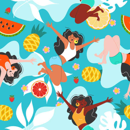Summer bright vector seamless pattern with funny girls, juicy pineapples and watermelons on a blue background.のイラスト素材