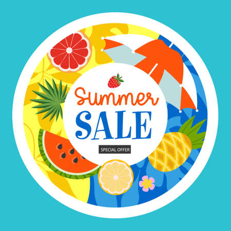 Round label. A bright summer label template for a seasonal sale. Vector illustration with juicy...