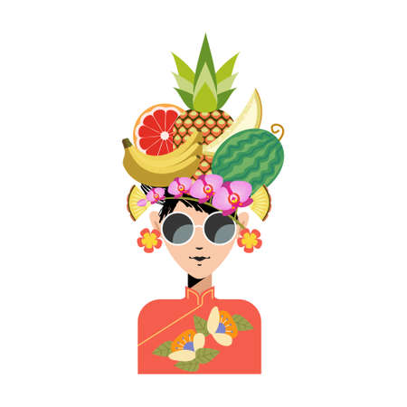 Hello, summer. Bright summer colorful illustration. Beautiful Chinese girl wearing sunglasses with a hairstyle decorated with exotic flowers and tropical fruits.のイラスト素材