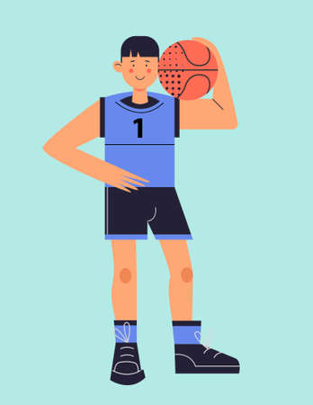 The guy is a basketball player. A guy dressed in a sports uniform holds a basketball. Vector illustration.のイラスト素材