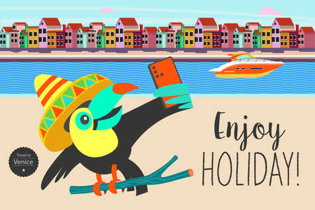 Enjoy your vacation. A cute toucan in a hat takes a selfie against the backdrop of Venice. Vector illustration, advertising banner.のイラスト素材
