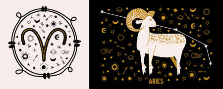 Aries zodiac sign. Aries on a black background surrounded by Golden stars, planets, comets and the constellation Aries. Vector illustration in a flat style.のイラスト素材