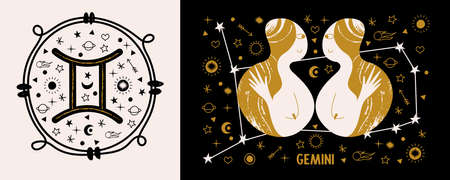 Gemini. Zodiac sign. Two twin girls. The constellation of Gemini on a black background among Golden stars, planets, comets and the constellation of Gemini. Vector illustration.のイラスト素材