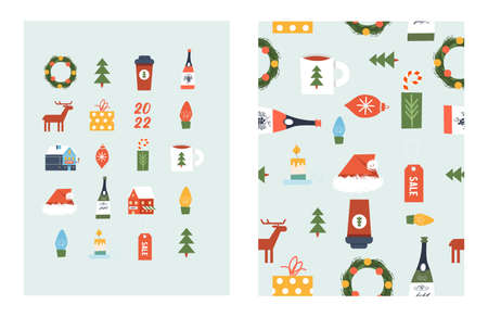 Christmas and New Year 2022. A festive New Year's poster. A set of festive New Year cliparts....