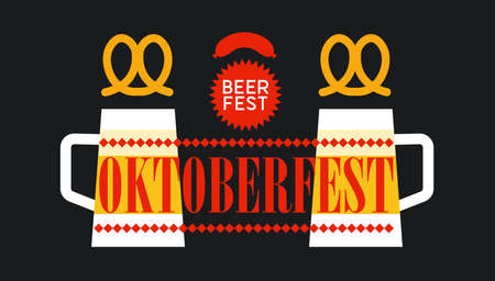 Oktoberfest. Vector poster, banner in a flat style. Two mugs of beer and pretzels. On a black background.のイラスト素材