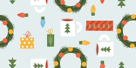 Seamless pattern. Christmas and New Year. A set of festive New Year cliparts. Vector illustration.