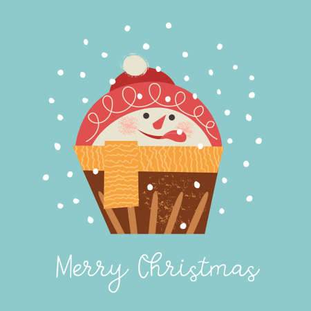 Cute muffin in the form of a snowman. Merry Christmas and a happy new year. Template for a Christmas greeting card, banner.のイラスト素材