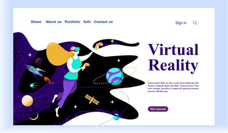 Web page with VR concept. Virtual Reality concept with a girl interacting with imaginary universe through VR glasses. Vector illustration.のイラスト素材