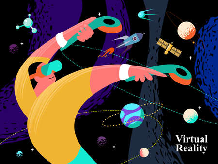 Virtual Reality concept with a man interacting with imaginary universe through VR glasses. Vector illustration.のイラスト素材