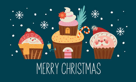 Funny muffins in the form of Santa Claus, a cozy house and a snowman. Merry Christmas and a happy new year. Template for a Christmas greeting card, banner.のイラスト素材