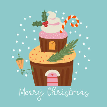Cute muffin in the form of cozy sweet house. Merry Christmas and a happy new year. Template for a Christmas greeting card, banner.のイラスト素材