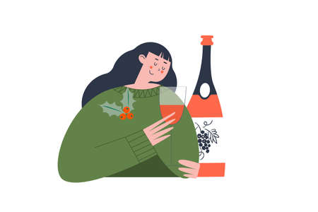 A nice girl with a glass of sparkling wine. Vector Christmas illustration.のイラスト素材