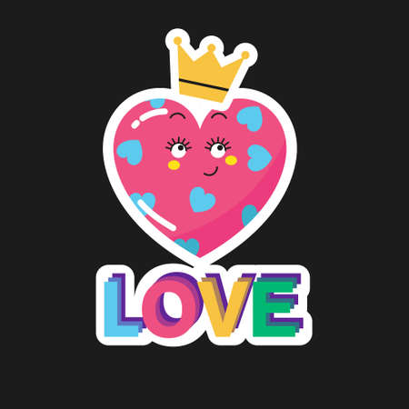 Cartoon sticker pink heart with a crown. Heart emoji with a cute face.のイラスト素材