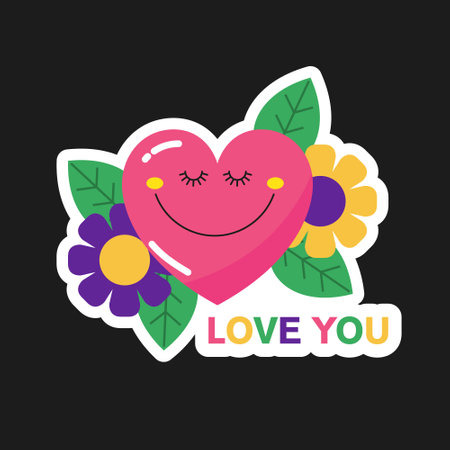 Cartoon sticker heart in flowers. love you.のイラスト素材