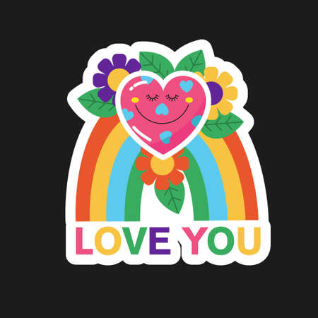 vector sticker. A heart in love with flowers on a rainbow.のイラスト素材