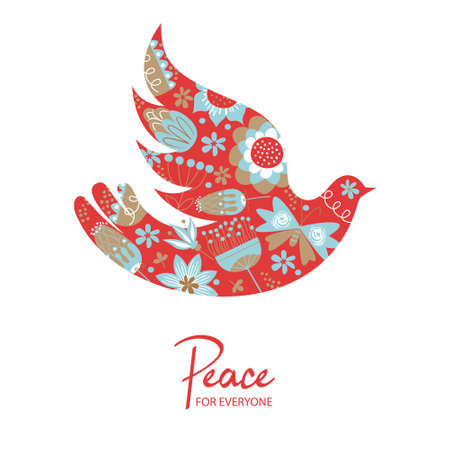 The dove of peace. A symbol of peace. A world for everyone. Silhouette of a dove with floral ornament.のイラスト素材