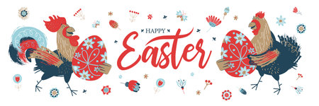Happy Easter. Colorful Easter banner congratulations on Easter. Funny chicken and cockerel with...