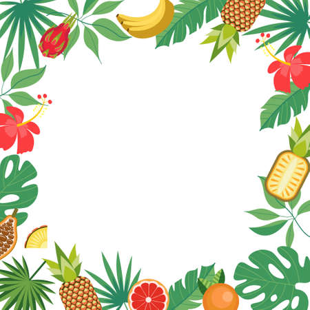 Bright tropical background with tropical palm leaves, different fruits and tropical flowers. Vector illustration with an empty space for text.のイラスト素材