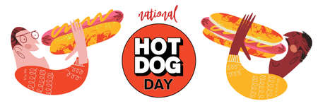 National Hot Dog Day. fast food. Men eat big hot dogs. Vector illustration, horizontal banner.のイラスト素材