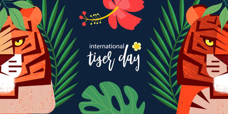 International Tiger Day. Day of protection of the endangered tiger. A wild tiger among tropical...