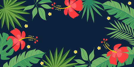 Colorful vector illustration with green tropical plants and bright exotic flowers.
