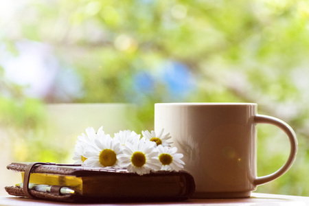 Mug, daisies, Notepad, glasses. The concept of a Sunny summer morning.の写真素材