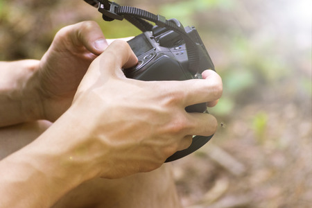 A man examines photos on the camera. Autumn. Summer.の写真素材