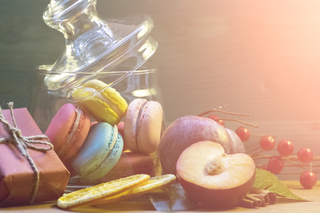 Fruits, sweets, gift. Festive cozy mood. Soft focus. Background.の写真素材
