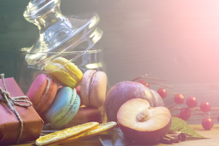 Fruits, sweets, gift. Festive cozy mood. Soft focus. Background.の写真素材