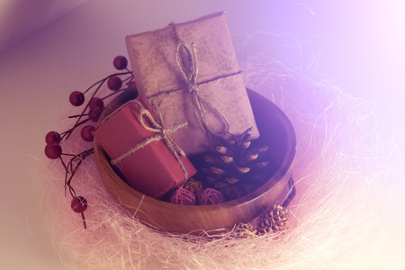 Gifts, I of the years and bumps into a wooden plate. Holiday conceptの写真素材