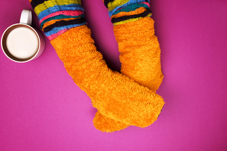 Girl with coffee colored socksの写真素材