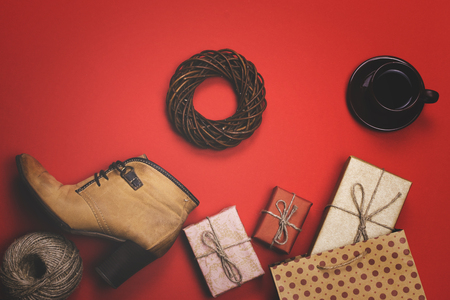 The holiday gifts on a red background, the concept of black Friday, salesの写真素材