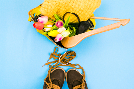 Women's bag with clothes and shoes on a colored backgroundの写真素材