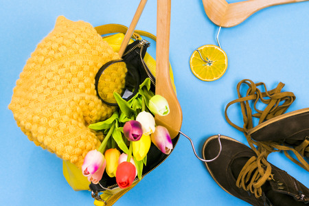 Women's bag with clothes and shoes on a colored backgroundの写真素材