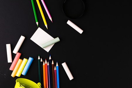 Pencils, crayons, magnifying glass. School.の写真素材