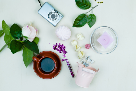 Flowers, marshmallows, cream color, rose, camera on pastel background. Still life.の写真素材