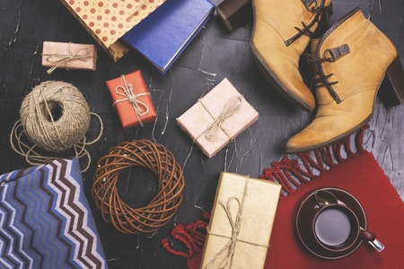 Gifts and preparation for the holidays. Clothes, coffee, planning.の写真素材