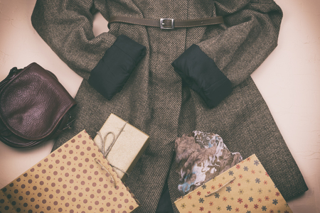 Clothing, coats, women's things. The view from the top.の写真素材