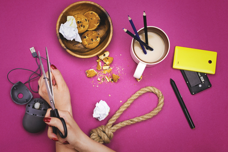Girl flips out at work. Stress, depression workplaceの写真素材