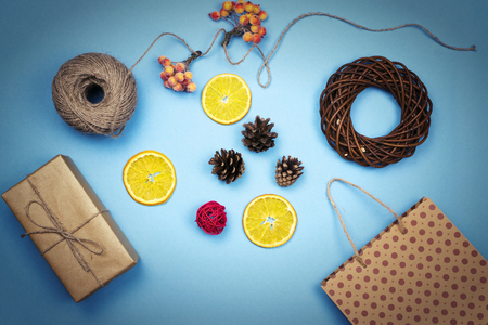 Gifts for the holiday. Hand made needlework on a colored background.の写真素材