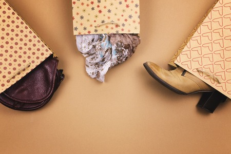 Gifts in packages on a brown backgroundの写真素材