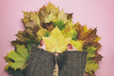 Girl holding a package with autumn leavesの写真素材