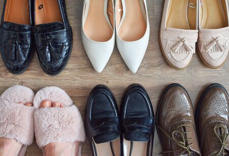 Loafers shoes retro style stand on the wooden floorの写真素材