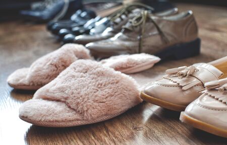 Loafers shoes retro style stand on the wooden floorの写真素材