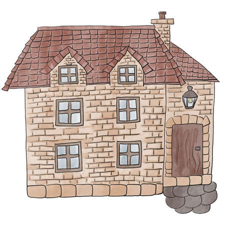 illustration of a brick house with red roof and stone foundationの写真素材
