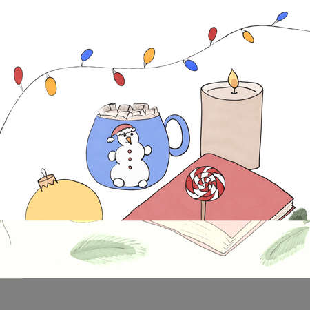 set christmas aesthetics candle book lollipop mug christmas tree toyの写真素材