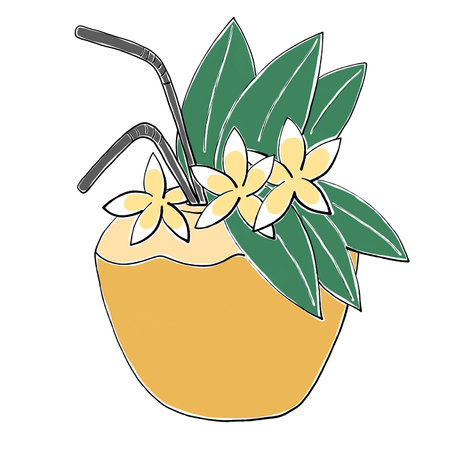 tropical cocktail decorated with flowers and leavesの写真素材