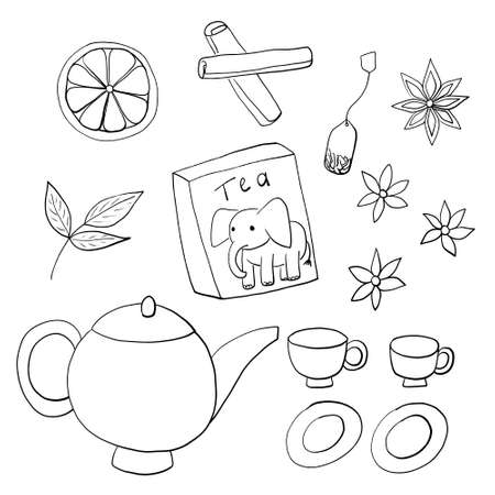 tea aroma set - lemon, cinnamon, chamomile, tea leaf, tea bag, tea box, teapot, cups and platesの写真素材