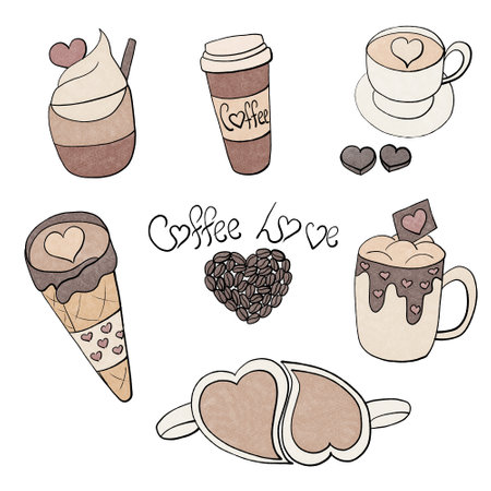 coffee set - coffee love- coffee beans, takeaway coffee, waffle cone coffee, coffee with ice cream, coffee in a cup, coffee with cream, coffee in heart-shaped cupsの写真素材