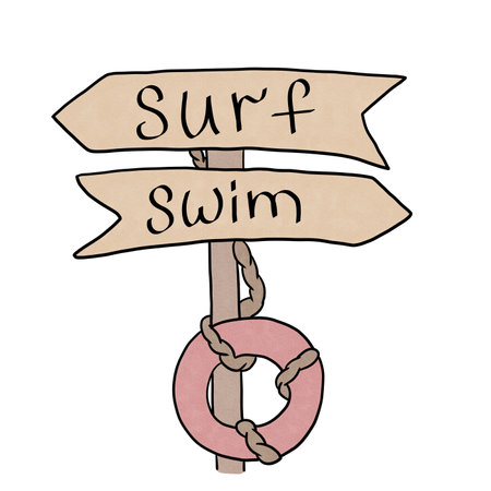 beach sigpost with surfing swimming directionsの写真素材